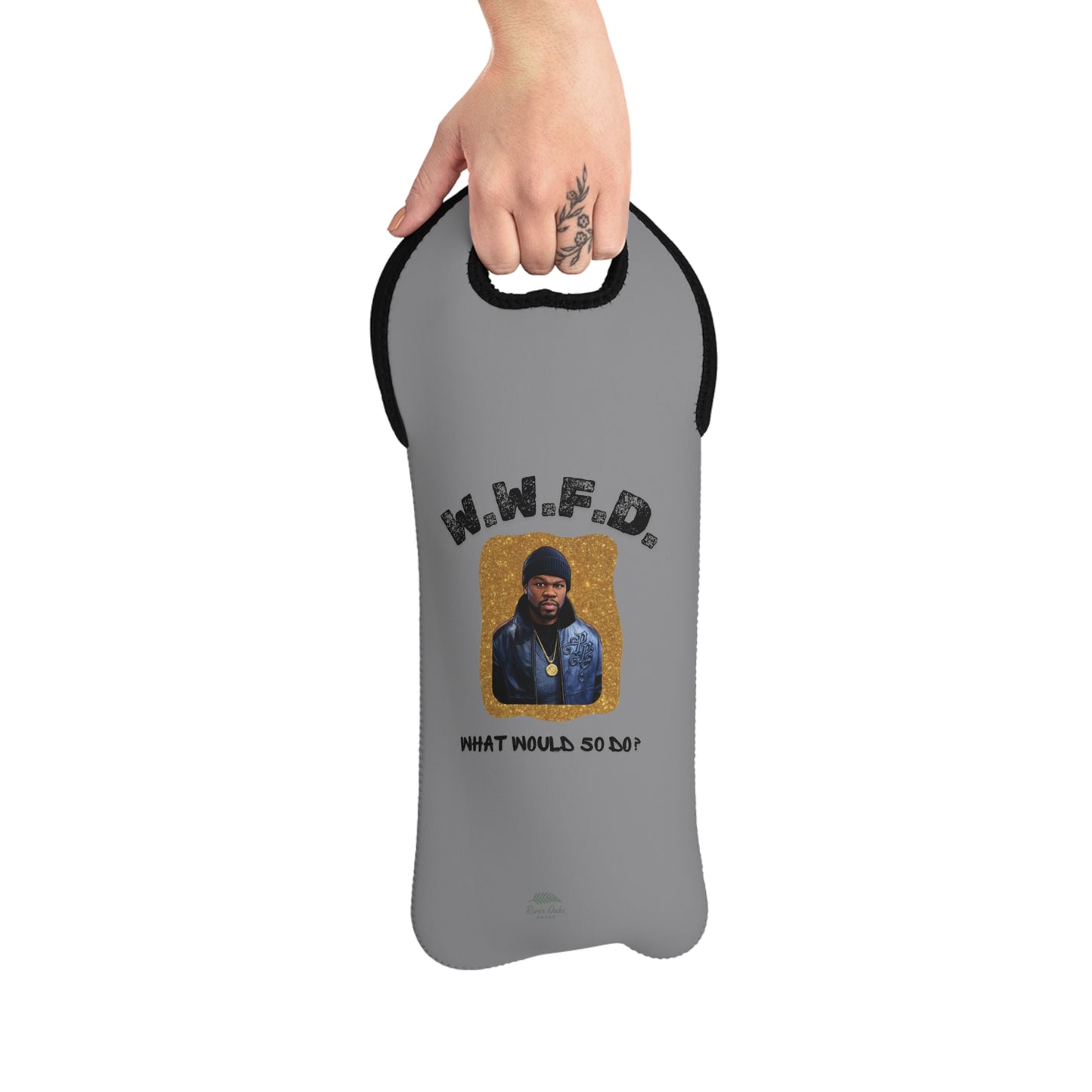 Wine Tote Bag - "W.W.F.D. (What Would 50 Do?)" Neoprene Wine Carrier with Vintage Portrait Design