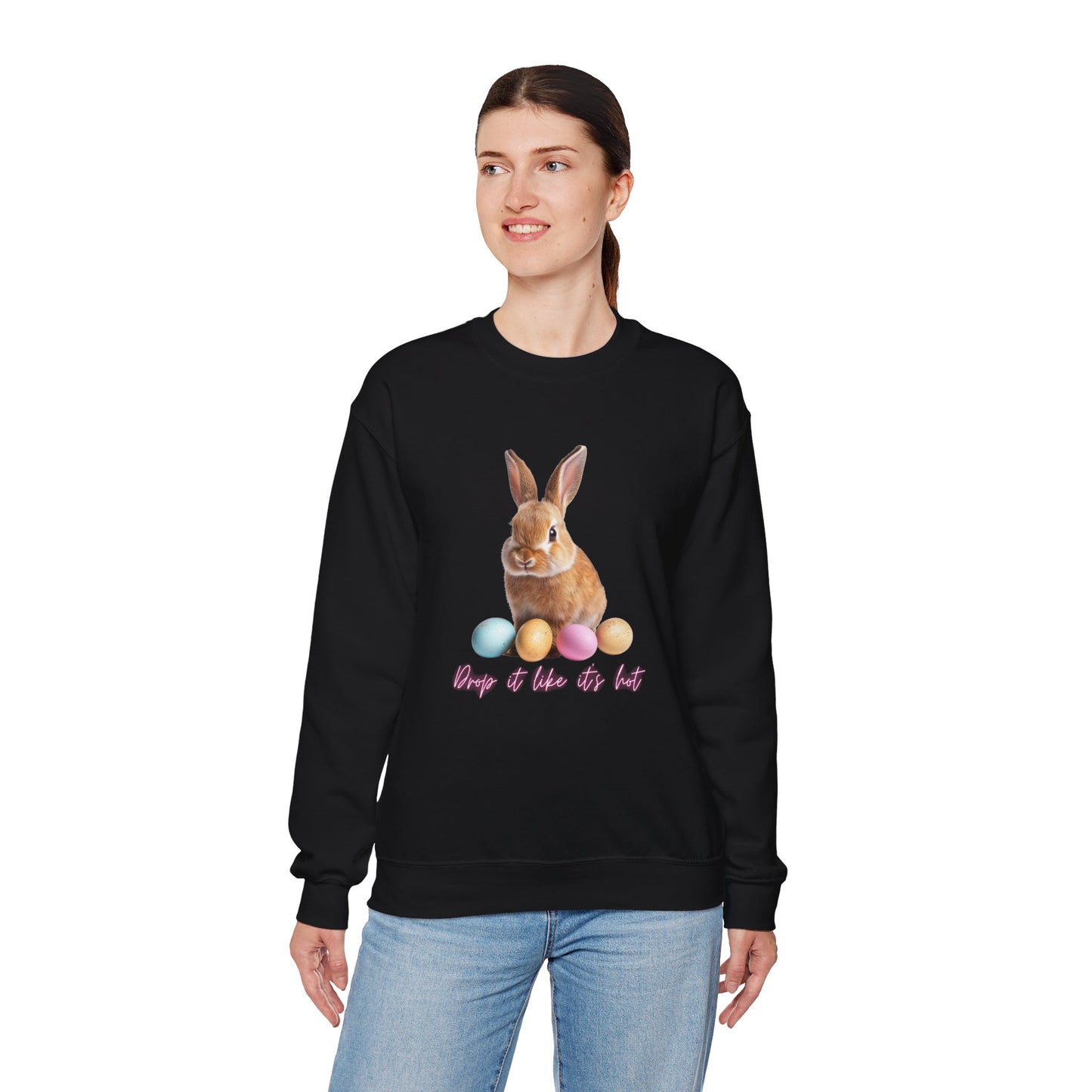 Easter Bunny Sweatshirt - 'Drop It Like It's Hot' Cute Bunny & Pastel Eggs Crewneck