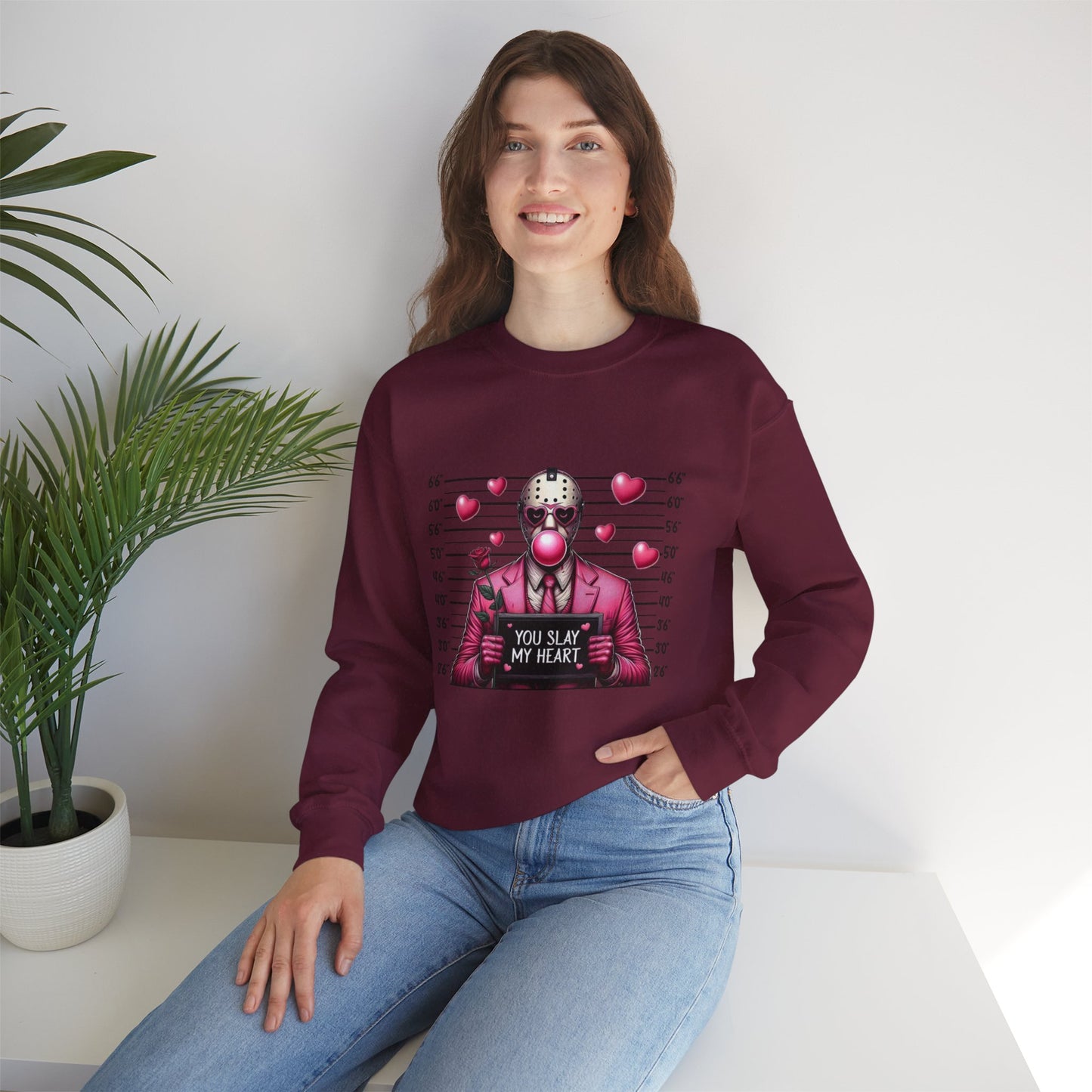 Jason Mask Mugshot Sweatshirt — "You Slay My Heart" Horror Valentine Crewneck