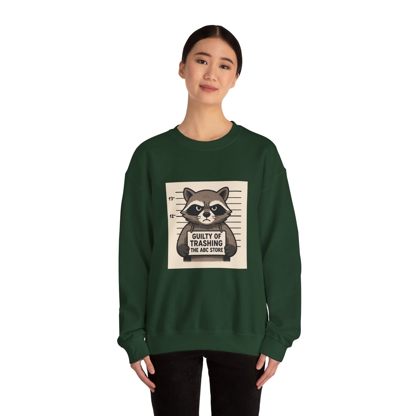“Guilty of Trashing the ABC Store” Raccoon Unisex Heavy Blend™ Crewneck Sweatshirt