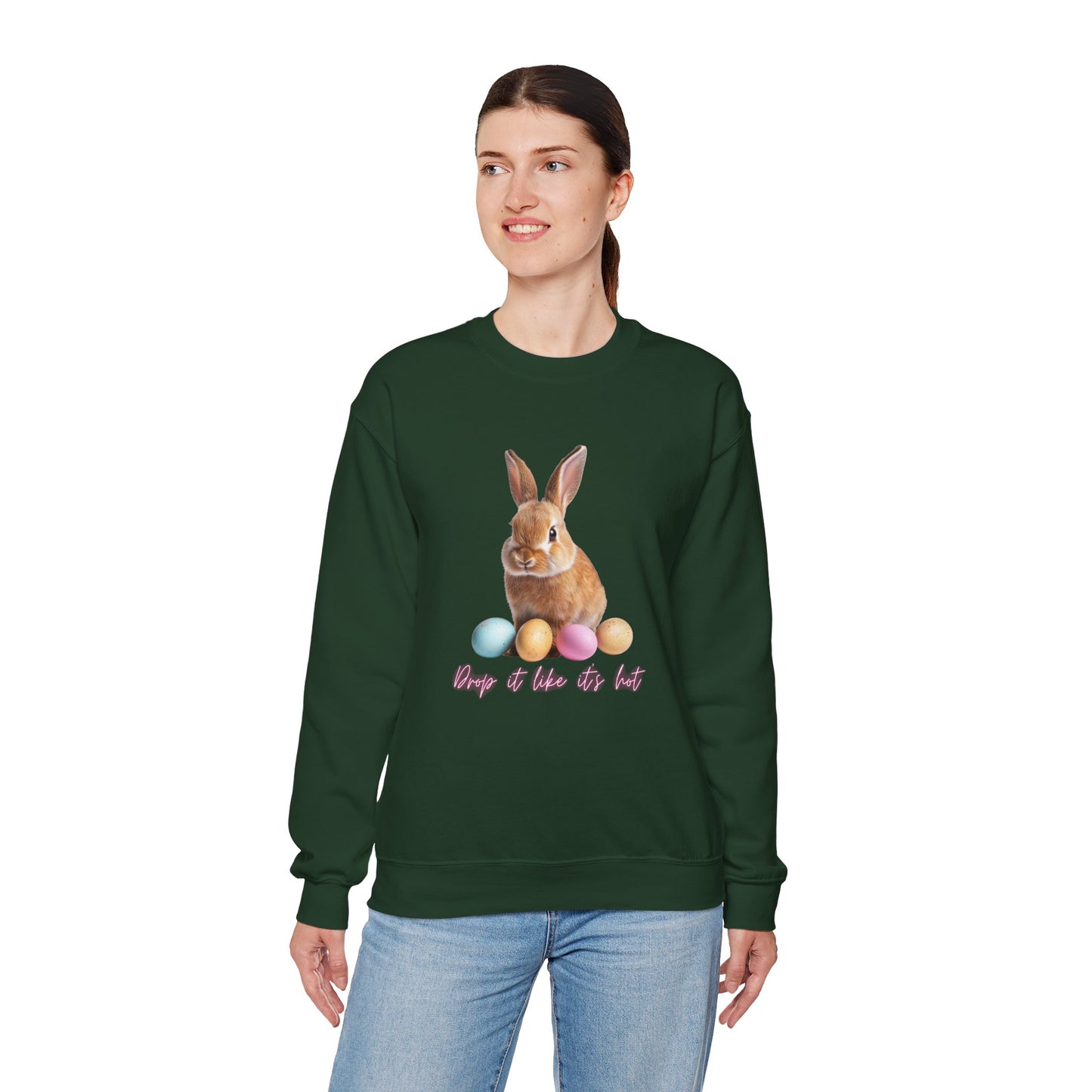 Easter Bunny Sweatshirt - 'Drop It Like It's Hot' Cute Bunny & Pastel Eggs Crewneck
