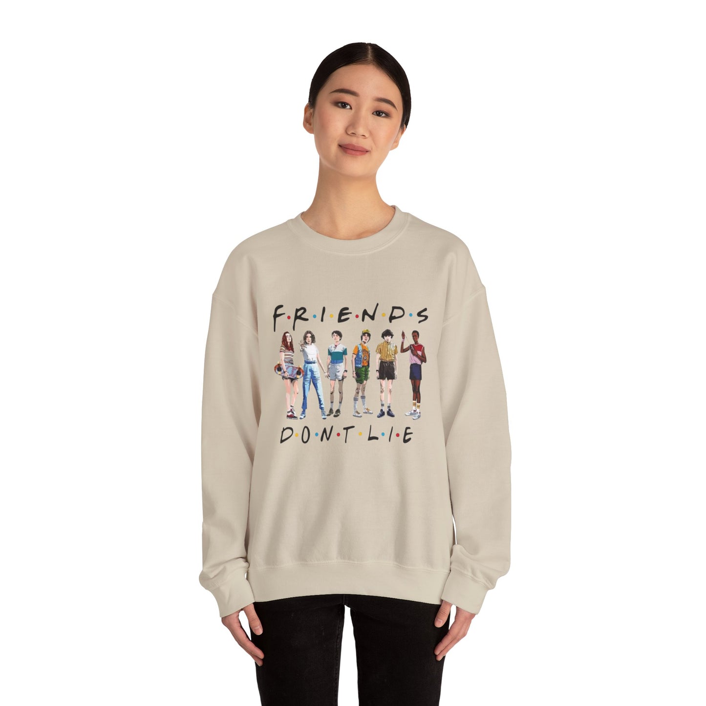 "Friends Don't Lie" Stranger Things-Inspired Retro Character Design Crewneck Sweatshirt