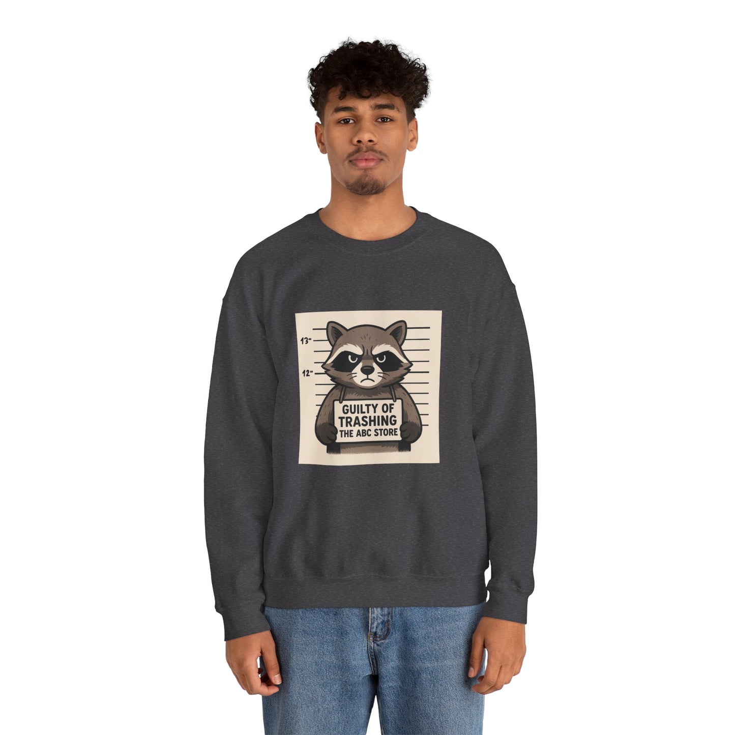 “Guilty of Trashing the ABC Store” Raccoon Unisex Heavy Blend™ Crewneck Sweatshirt