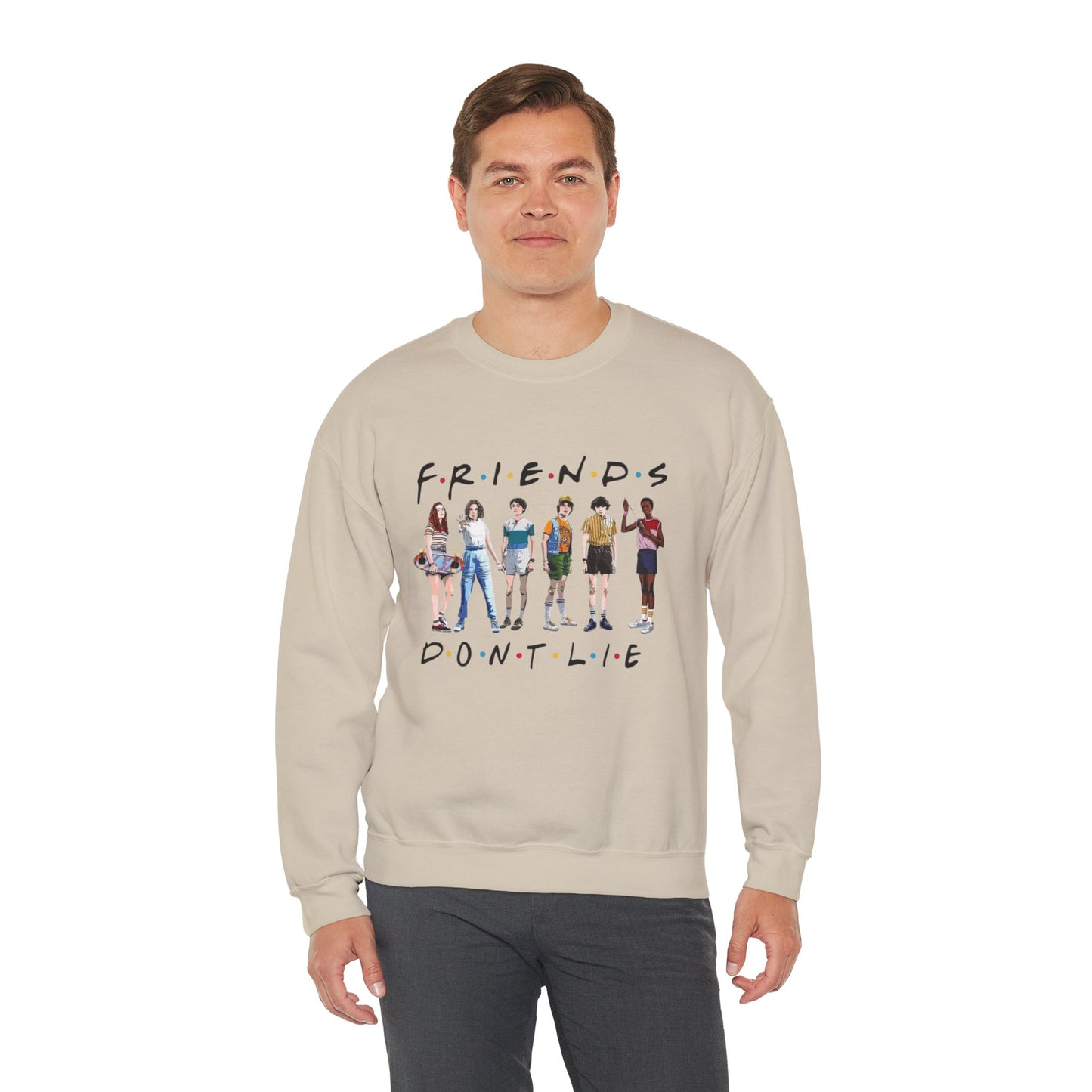 "Friends Don't Lie" Stranger Things-Inspired Retro Character Design Crewneck Sweatshirt