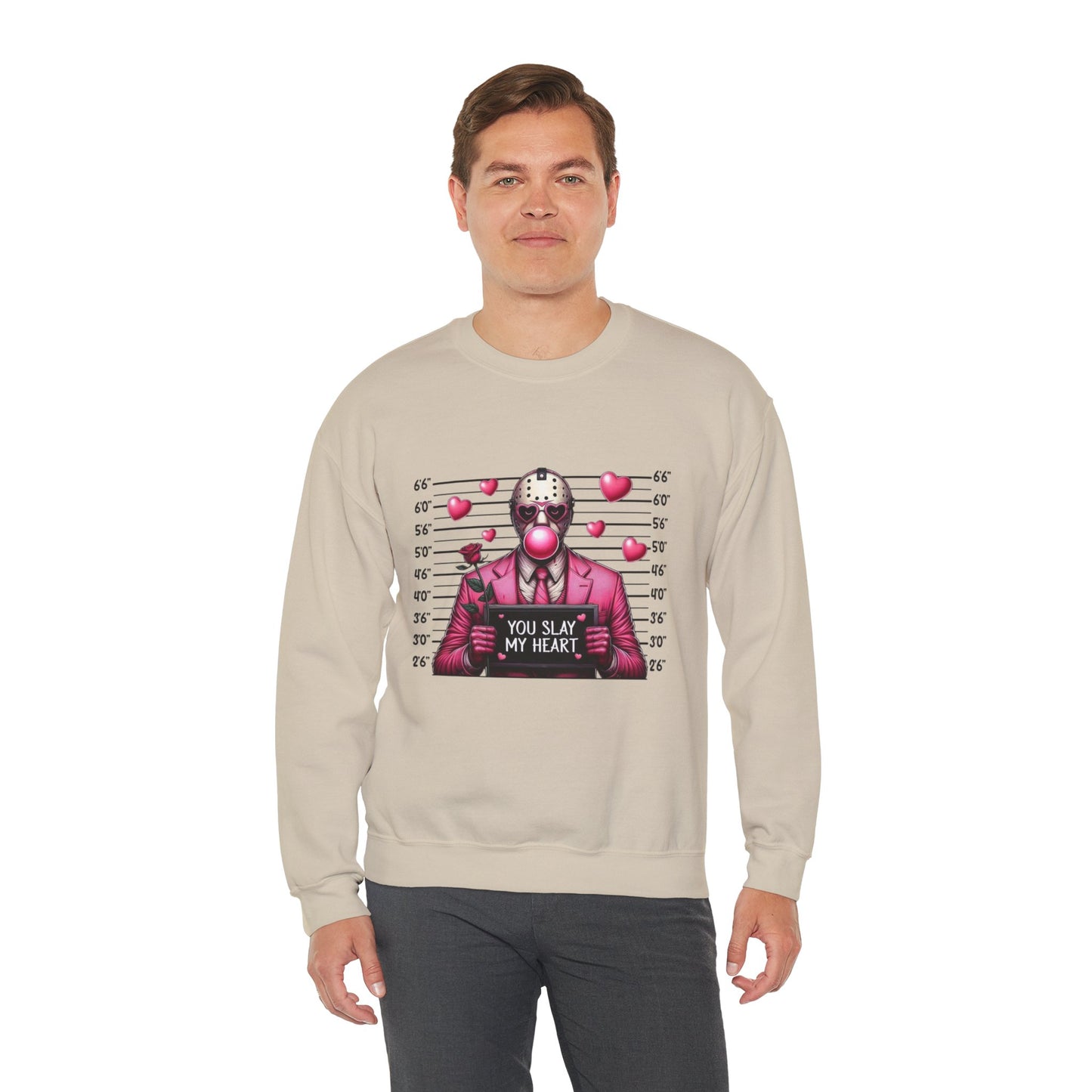 Jason Mask Mugshot Sweatshirt — "You Slay My Heart" Horror Valentine Crewneck