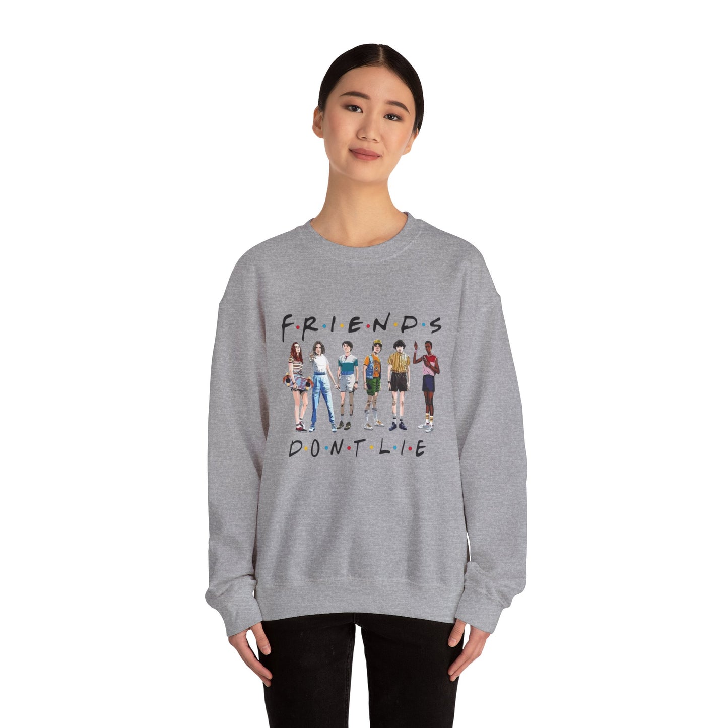 "Friends Don't Lie" Stranger Things-Inspired Retro Character Design Crewneck Sweatshirt