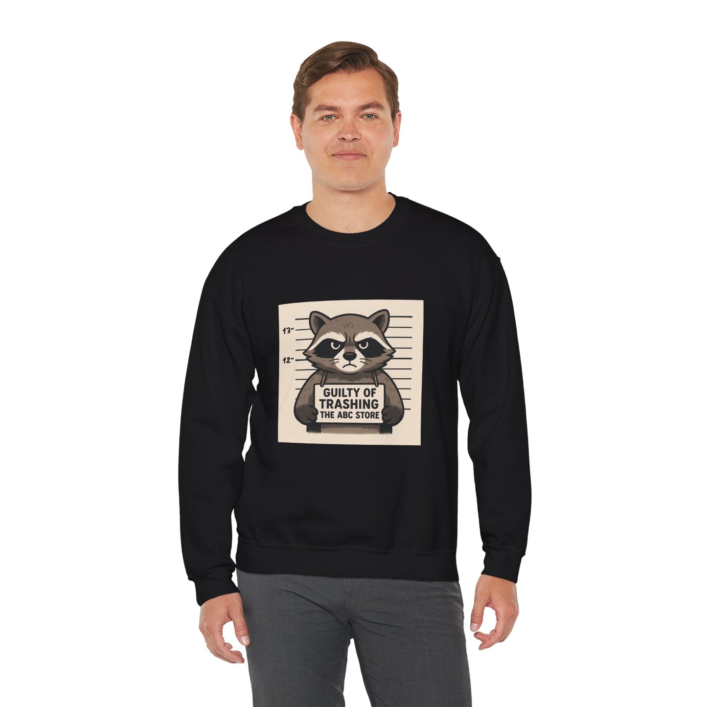 “Guilty of Trashing the ABC Store” Raccoon Unisex Heavy Blend™ Crewneck Sweatshirt