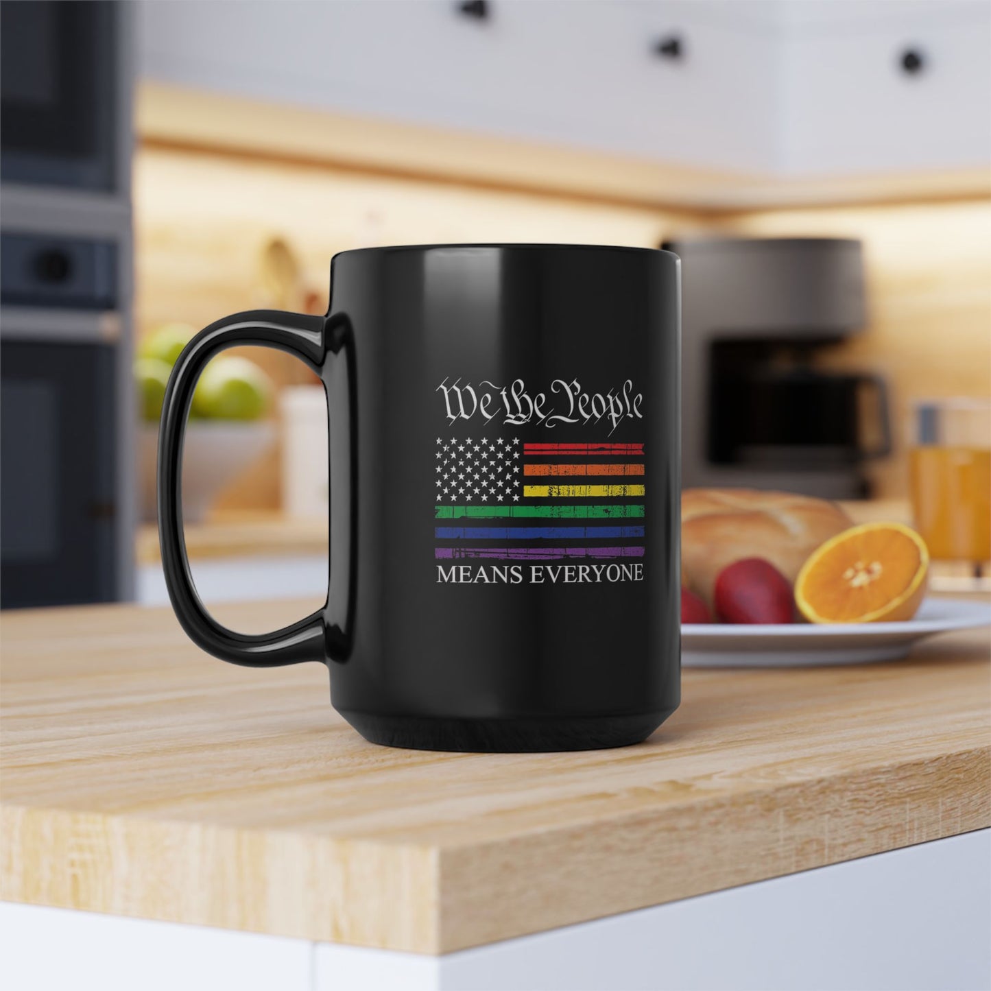 “We The People Means Everyone” Rainbow Stripes Black Coffee Mug (11oz, 15oz)