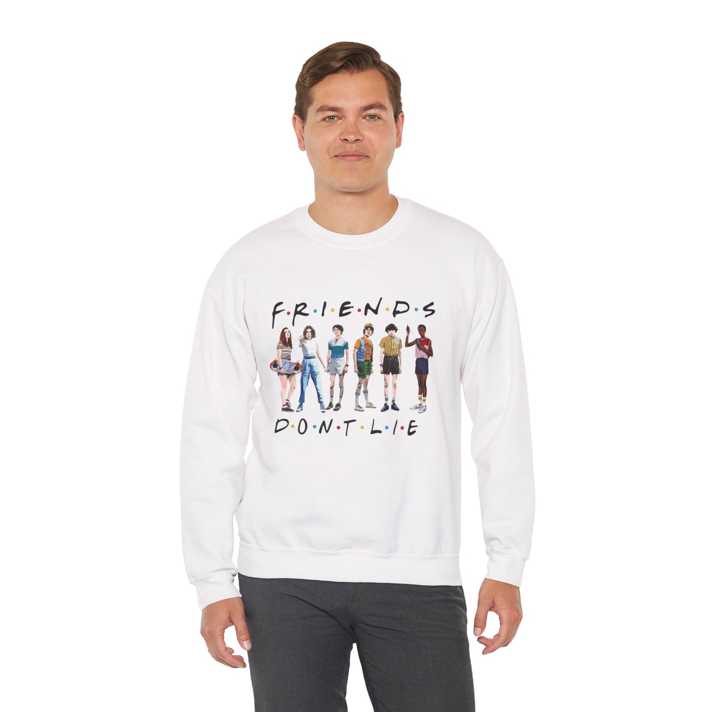 "Friends Don't Lie" Stranger Things-Inspired Retro Character Design Crewneck Sweatshirt