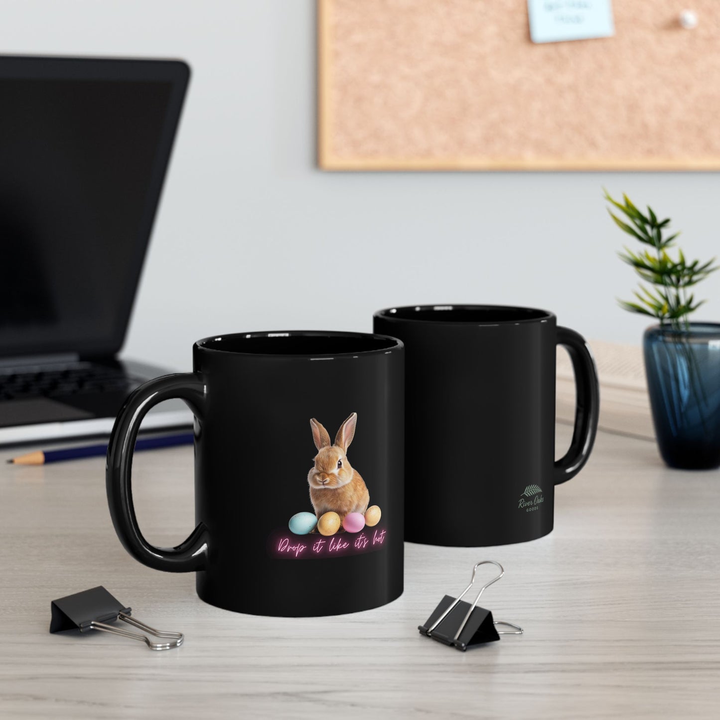 Easter Bunny “Drop it like it’s hot” Black Mug – Cute Pastel Bunny Coffee Cup (11oz & 15oz)
