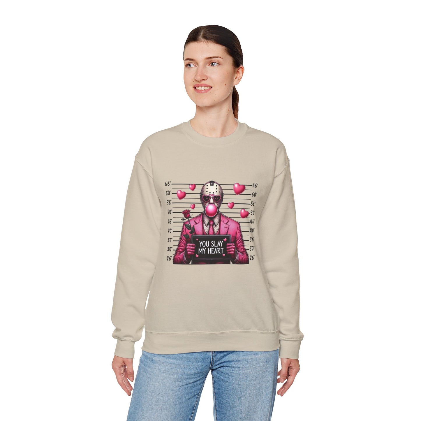 Jason Mask Mugshot Sweatshirt — "You Slay My Heart" Horror Valentine Crewneck