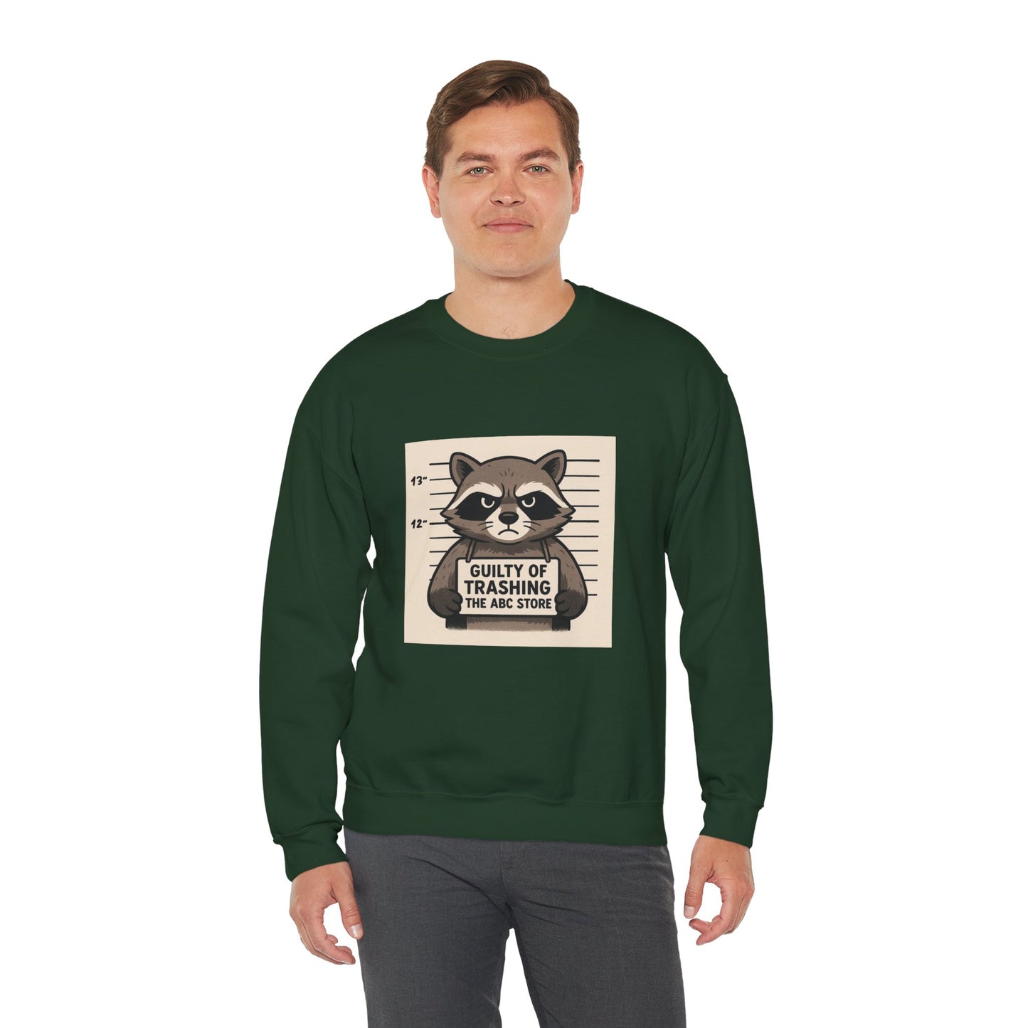 “Guilty of Trashing the ABC Store” Raccoon Unisex Heavy Blend™ Crewneck Sweatshirt