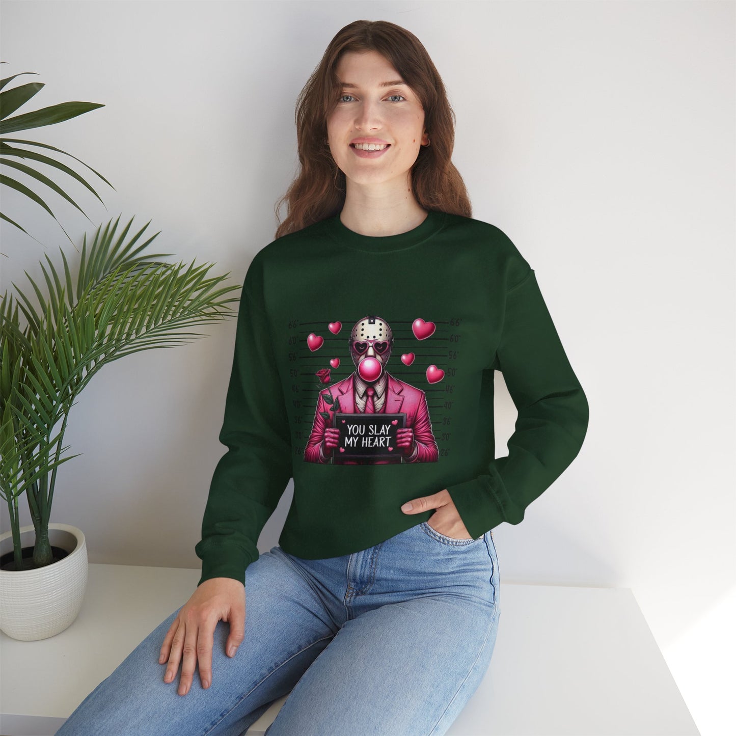 Jason Mask Mugshot Sweatshirt — "You Slay My Heart" Horror Valentine Crewneck