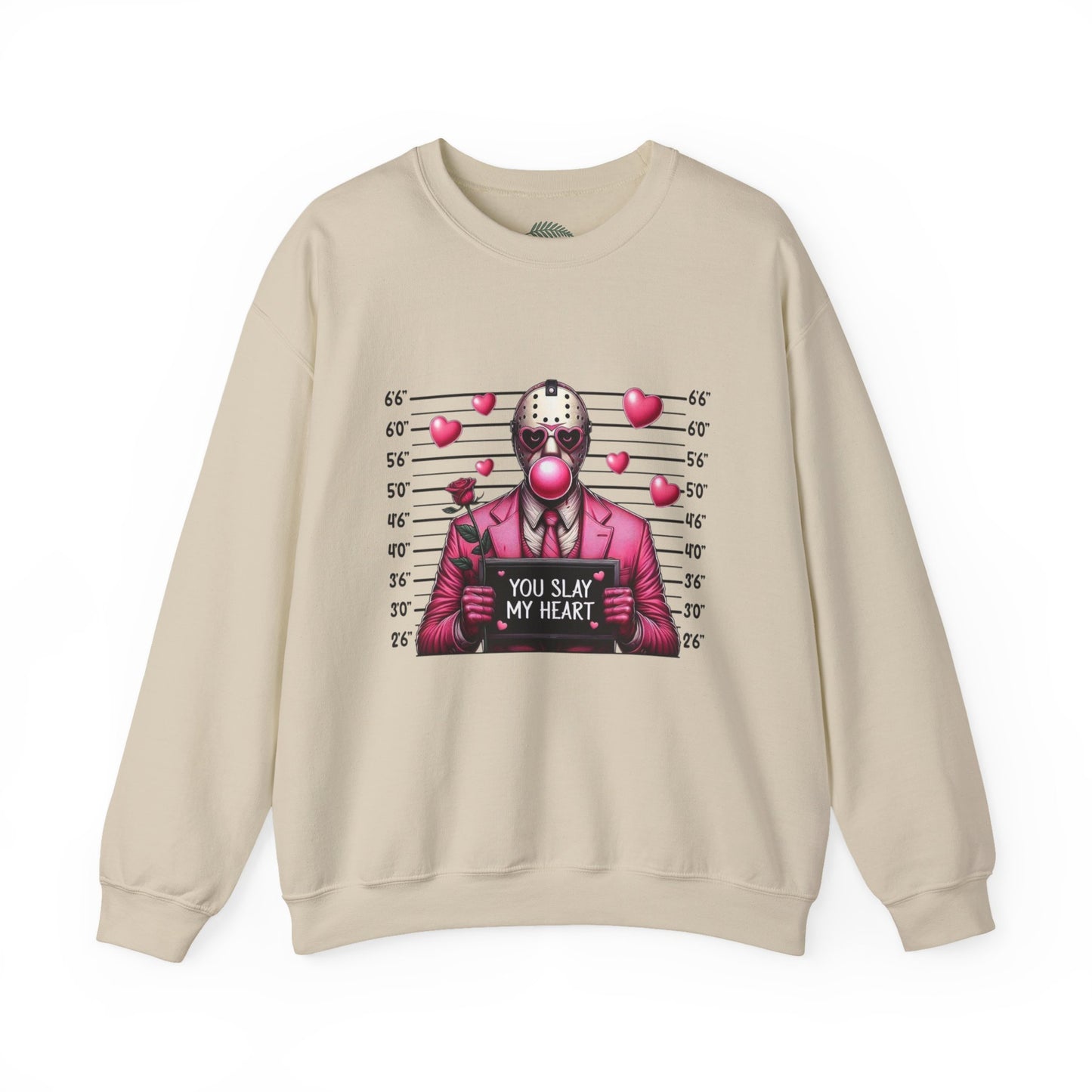 Jason Mask Mugshot Sweatshirt — "You Slay My Heart" Horror Valentine Crewneck