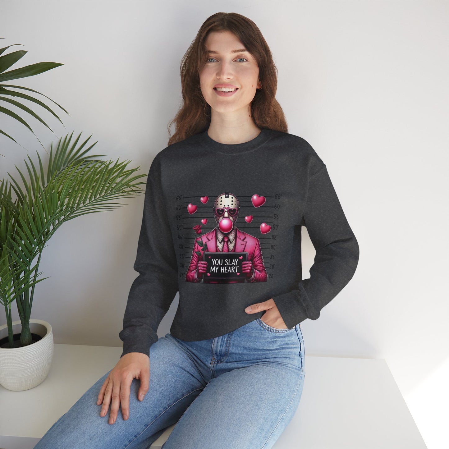 Jason Mask Mugshot Sweatshirt — "You Slay My Heart" Horror Valentine Crewneck
