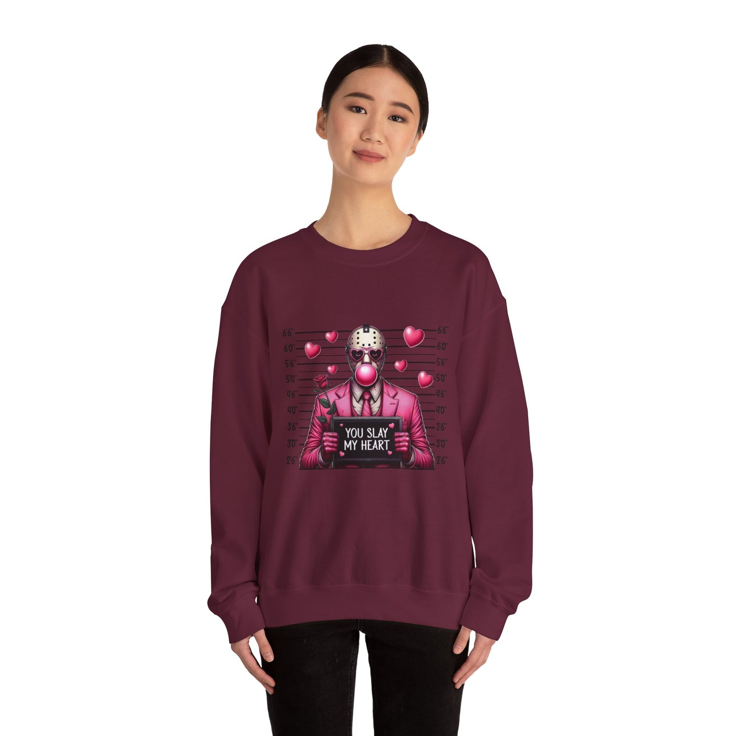 Jason Mask Mugshot Sweatshirt — "You Slay My Heart" Horror Valentine Crewneck