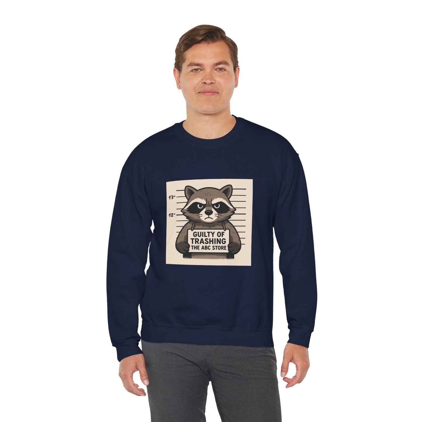 “Guilty of Trashing the ABC Store” Raccoon Unisex Heavy Blend™ Crewneck Sweatshirt