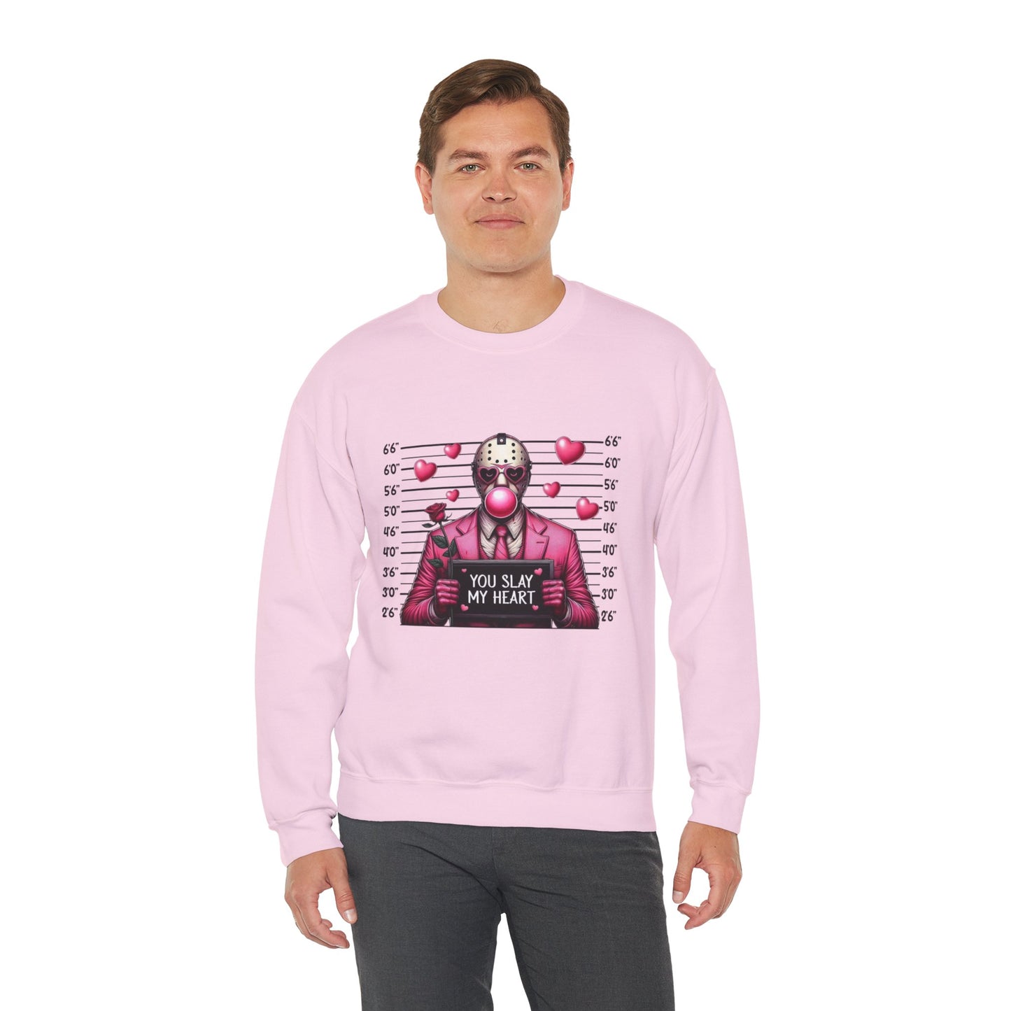 Jason Mask Mugshot Sweatshirt — "You Slay My Heart" Horror Valentine Crewneck
