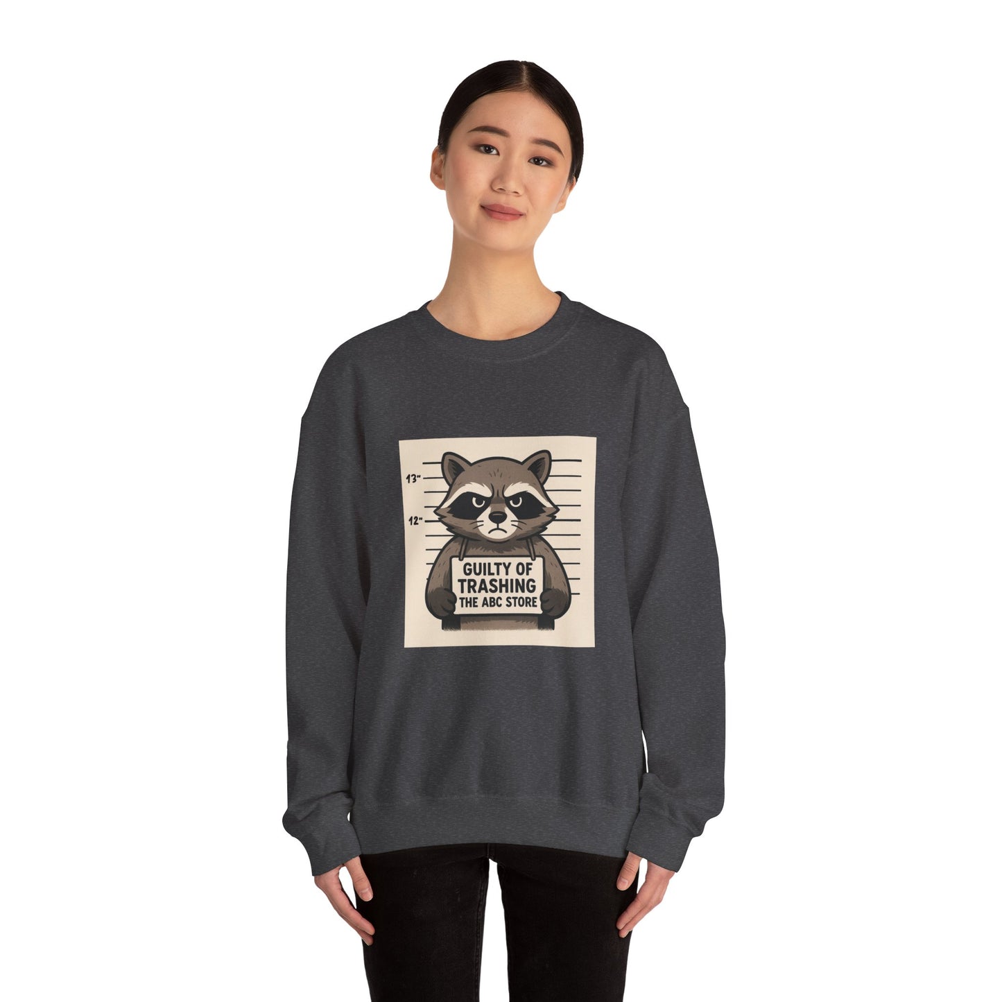 “Guilty of Trashing the ABC Store” Raccoon Unisex Heavy Blend™ Crewneck Sweatshirt