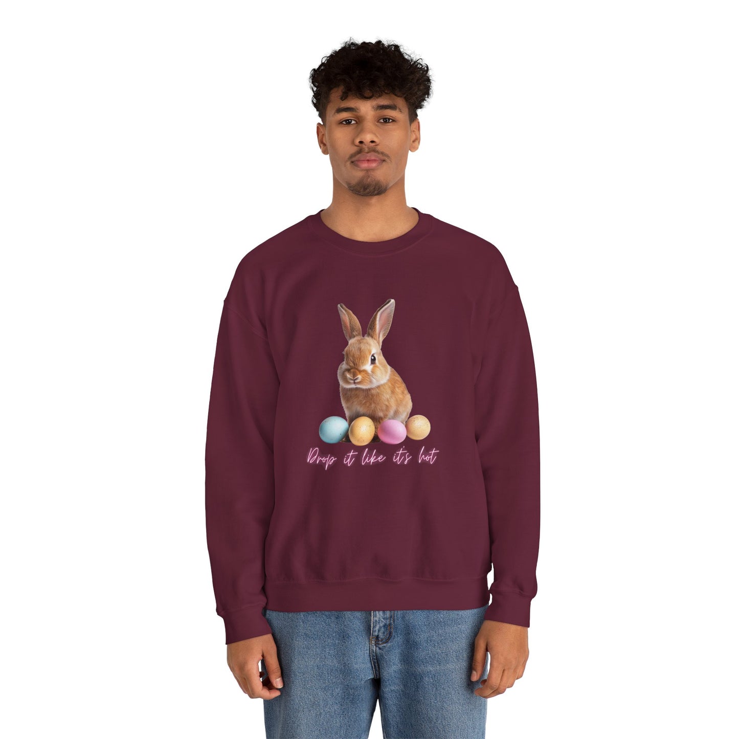 Easter Bunny Sweatshirt - 'Drop It Like It's Hot' Cute Bunny & Pastel Eggs Crewneck