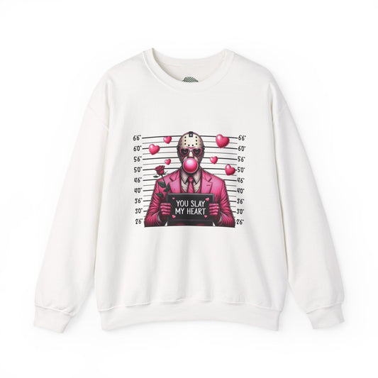 Jason Mask Mugshot Sweatshirt — "You Slay My Heart" Horror Valentine Crewneck