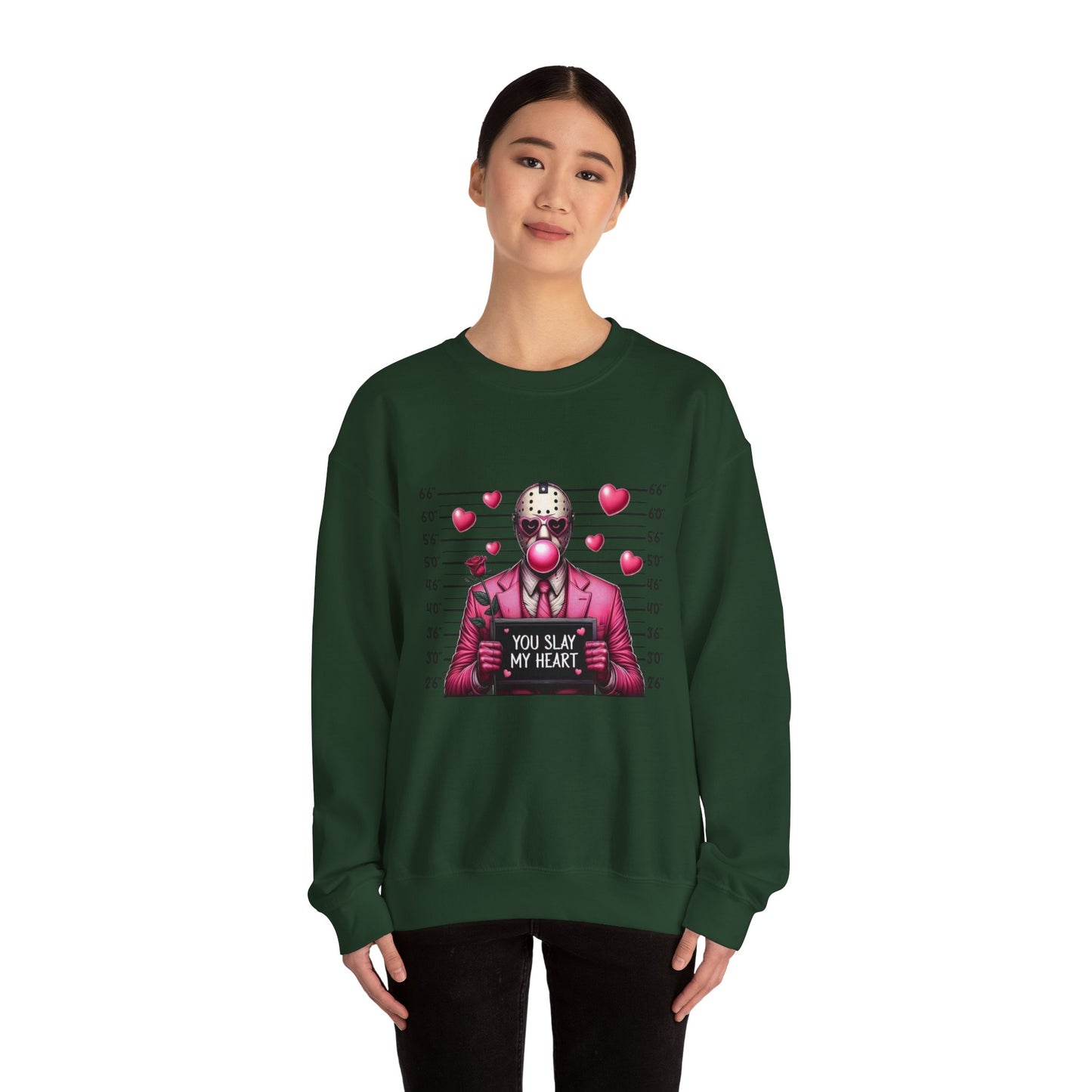 Jason Mask Mugshot Sweatshirt — "You Slay My Heart" Horror Valentine Crewneck