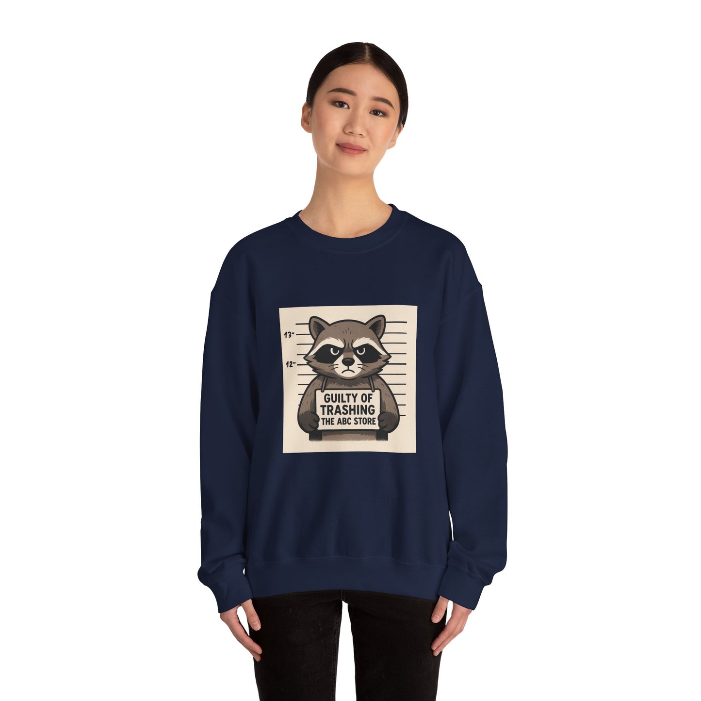 “Guilty of Trashing the ABC Store” Raccoon Unisex Heavy Blend™ Crewneck Sweatshirt