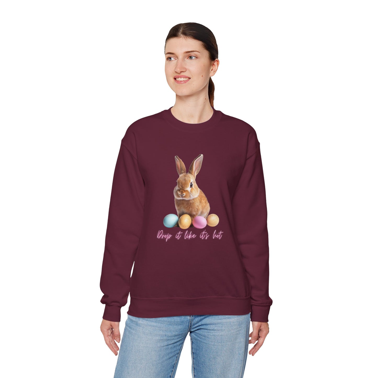 Easter Bunny Sweatshirt - 'Drop It Like It's Hot' Cute Bunny & Pastel Eggs Crewneck