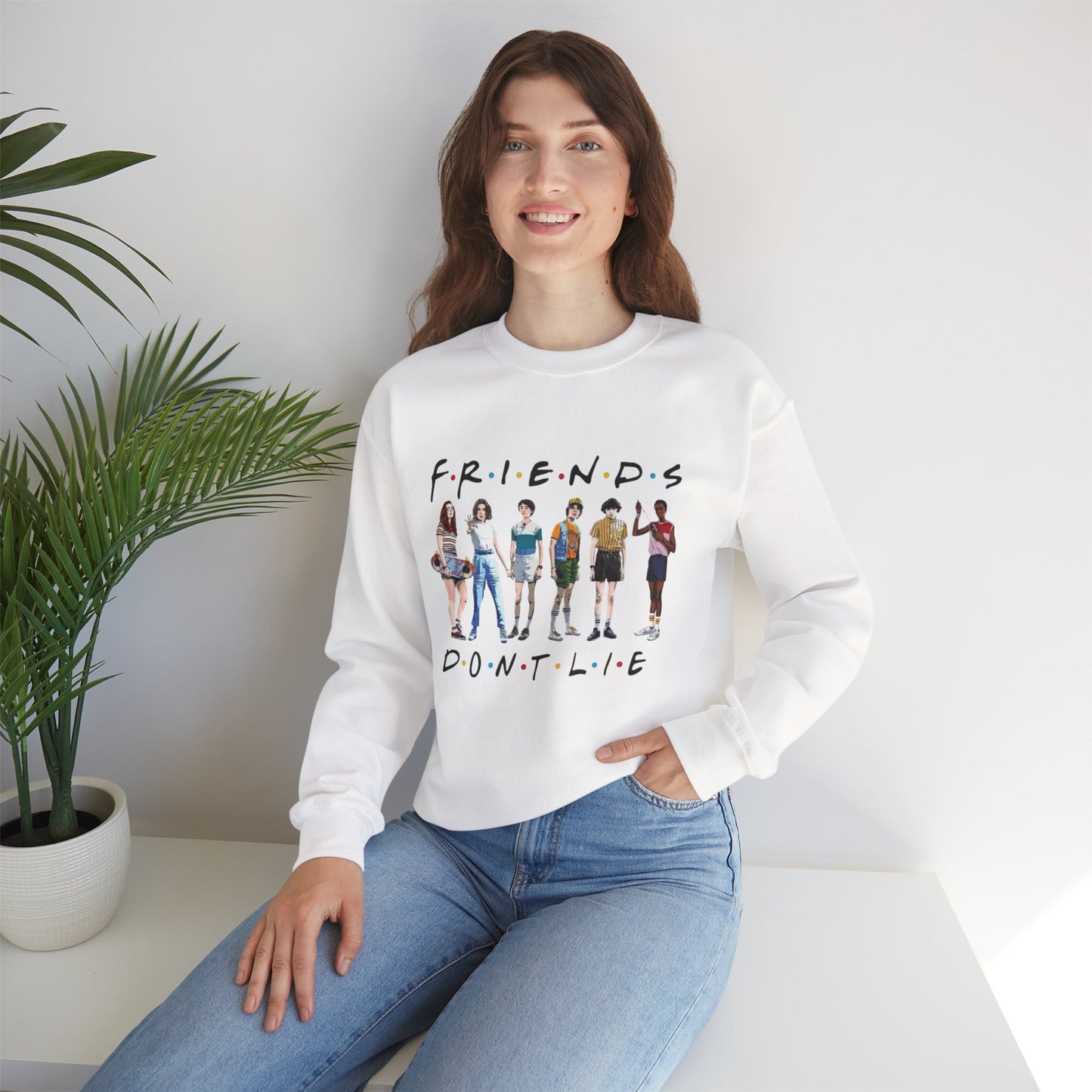 "Friends Don't Lie" Stranger Things-Inspired Retro Character Design Crewneck Sweatshirt