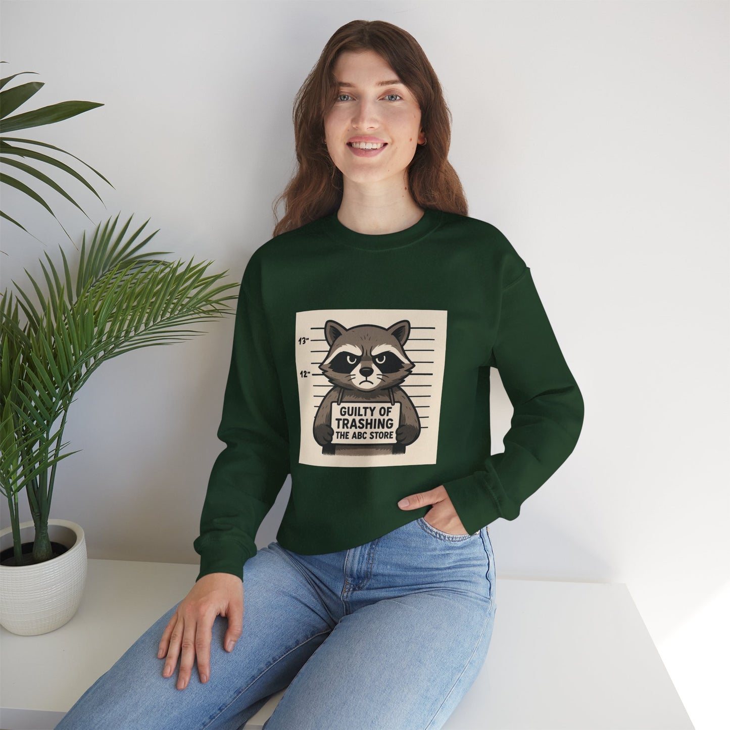 “Guilty of Trashing the ABC Store” Raccoon Unisex Heavy Blend™ Crewneck Sweatshirt