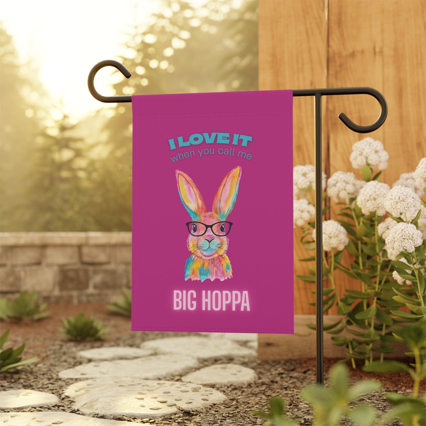 Big Hoppa Bunny Garden Flag — Funny Colorful Easter Yard Banner ("I Love It When You Call Me Big Hoppa")