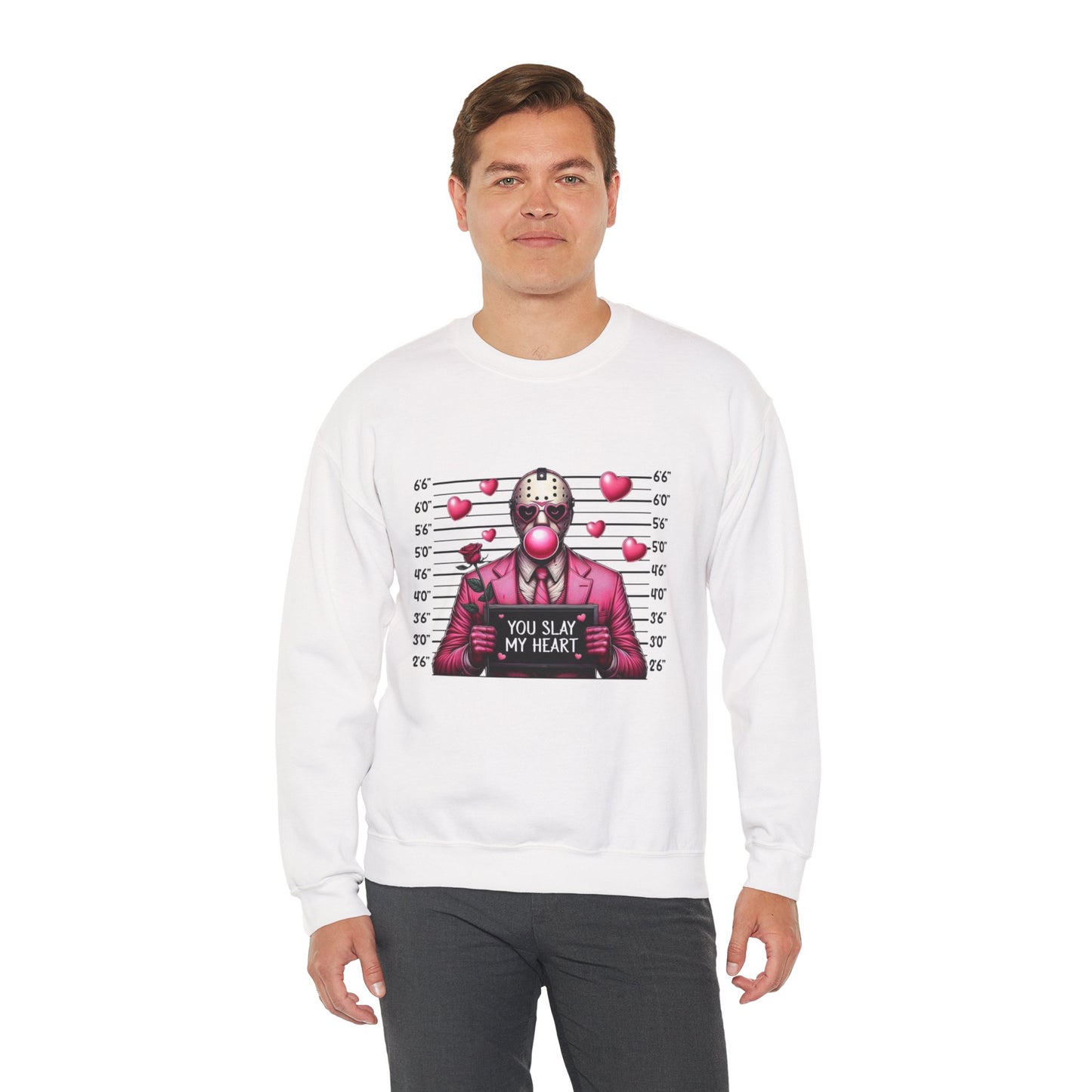 Jason Mask Mugshot Sweatshirt — "You Slay My Heart" Horror Valentine Crewneck
