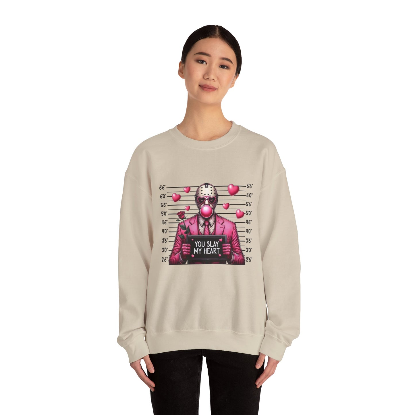 Jason Mask Mugshot Sweatshirt — "You Slay My Heart" Horror Valentine Crewneck