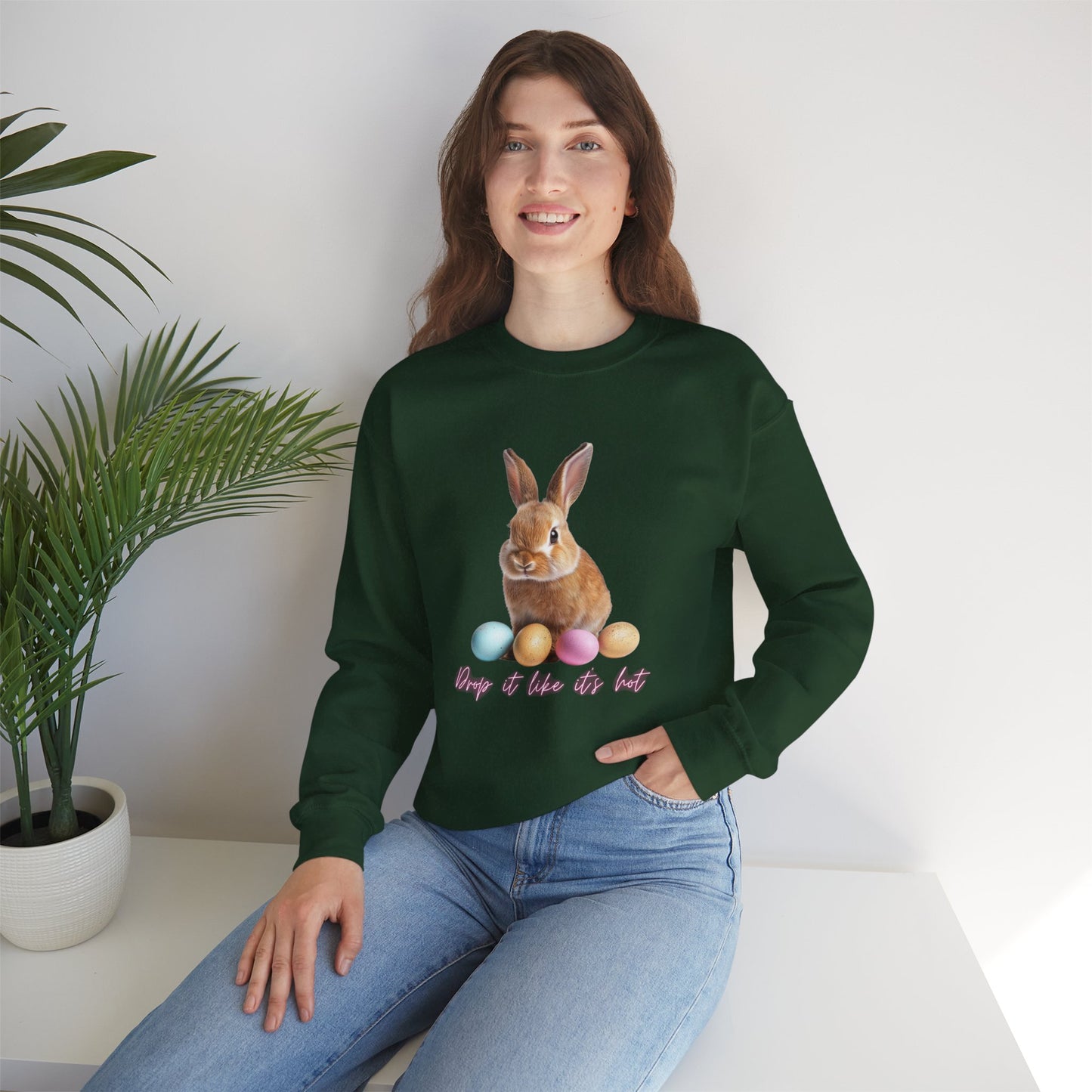 Easter Bunny Sweatshirt - 'Drop It Like It's Hot' Cute Bunny & Pastel Eggs Crewneck