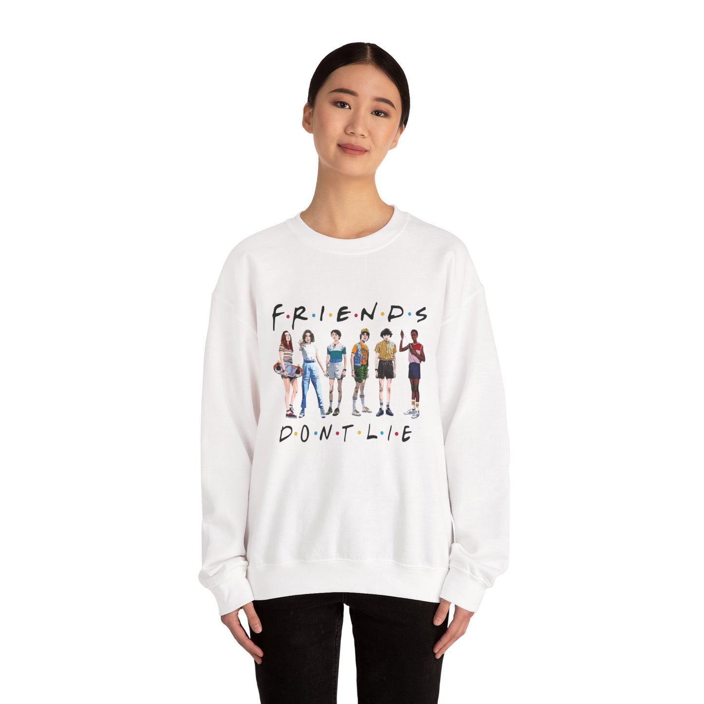 "Friends Don't Lie" Stranger Things-Inspired Retro Character Design Crewneck Sweatshirt