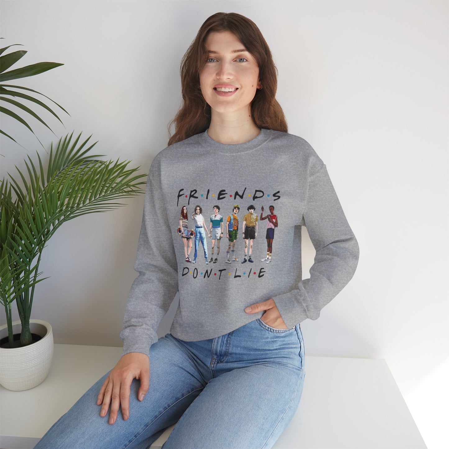 "Friends Don't Lie" Stranger Things-Inspired Retro Character Design Crewneck Sweatshirt