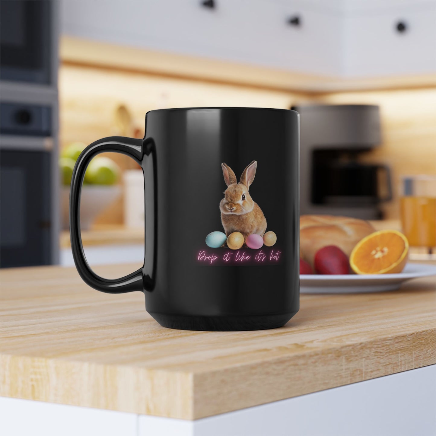 Easter Bunny “Drop it like it’s hot” Black Mug – Cute Pastel Bunny Coffee Cup (11oz & 15oz)
