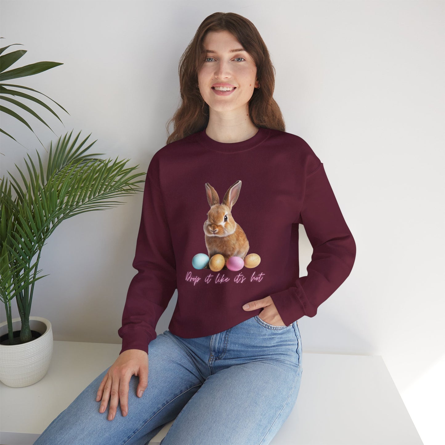 Easter Bunny Sweatshirt - 'Drop It Like It's Hot' Cute Bunny & Pastel Eggs Crewneck