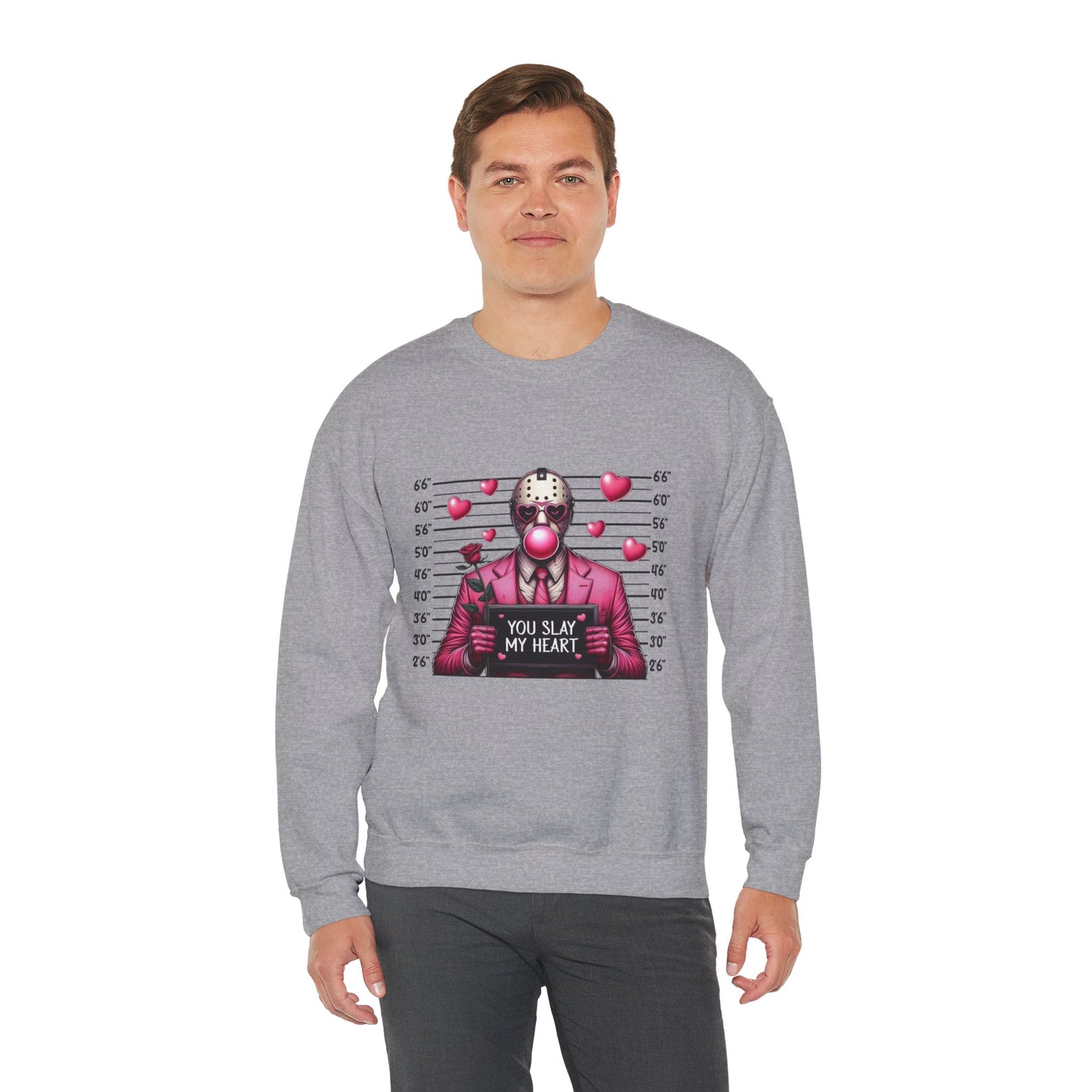 Jason Mask Mugshot Sweatshirt — "You Slay My Heart" Horror Valentine Crewneck