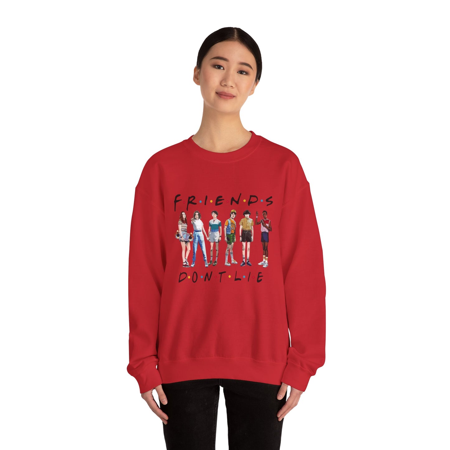 "Friends Don't Lie" Stranger Things-Inspired Retro Character Design Crewneck Sweatshirt