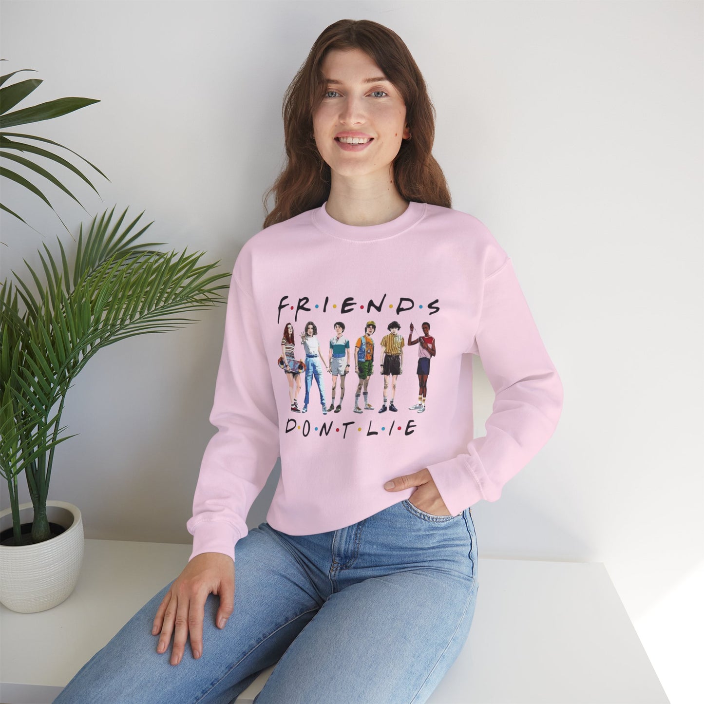 "Friends Don't Lie" Stranger Things-Inspired Retro Character Design Crewneck Sweatshirt