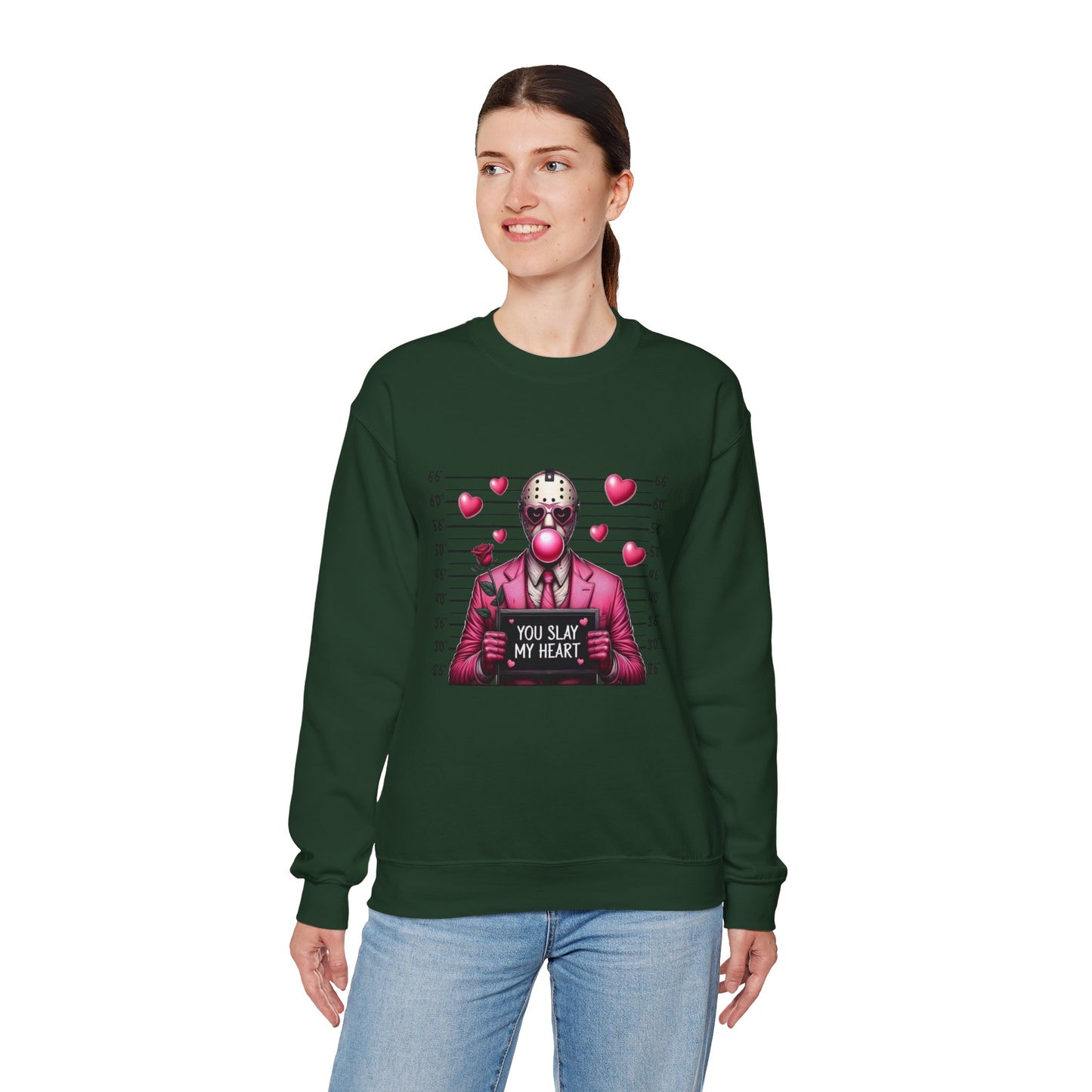 Jason Mask Mugshot Sweatshirt — "You Slay My Heart" Horror Valentine Crewneck