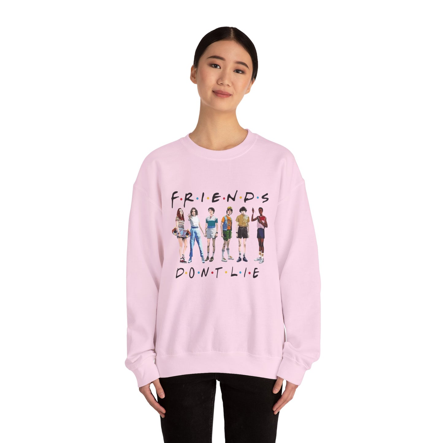 "Friends Don't Lie" Stranger Things-Inspired Retro Character Design Crewneck Sweatshirt