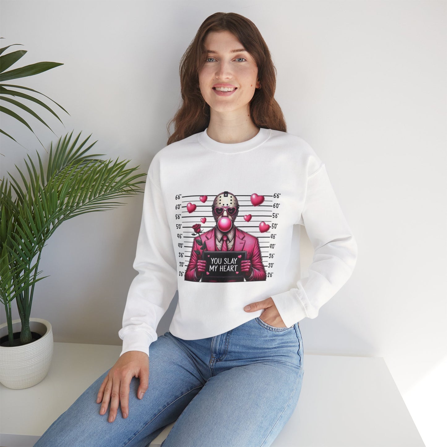 Jason Mask Mugshot Sweatshirt — "You Slay My Heart" Horror Valentine Crewneck