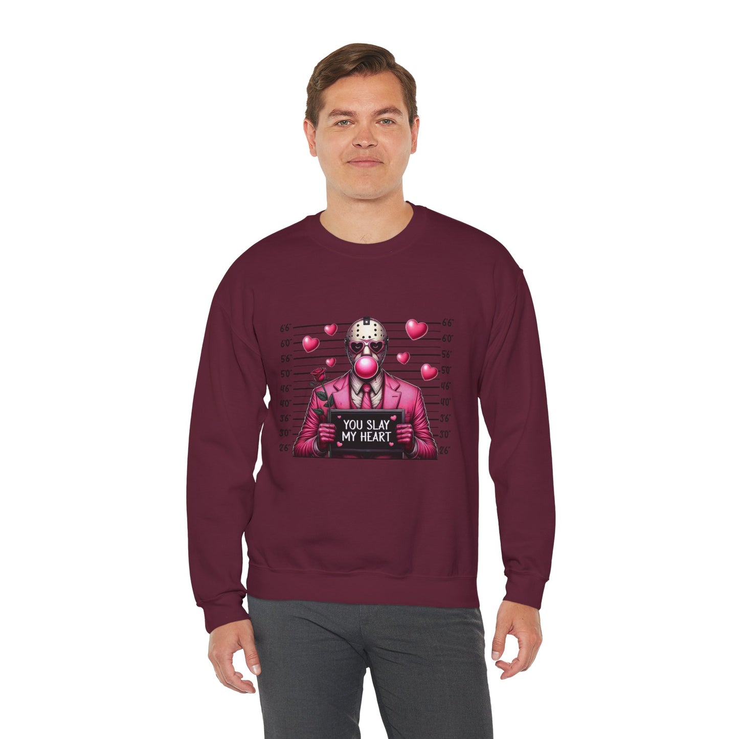 Jason Mask Mugshot Sweatshirt — "You Slay My Heart" Horror Valentine Crewneck