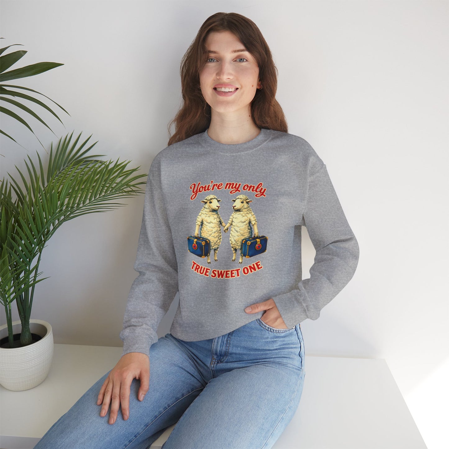 Crewneck Sweatshirt — “You’re My Only True Sweet One” Vintage Sheep Couples Design