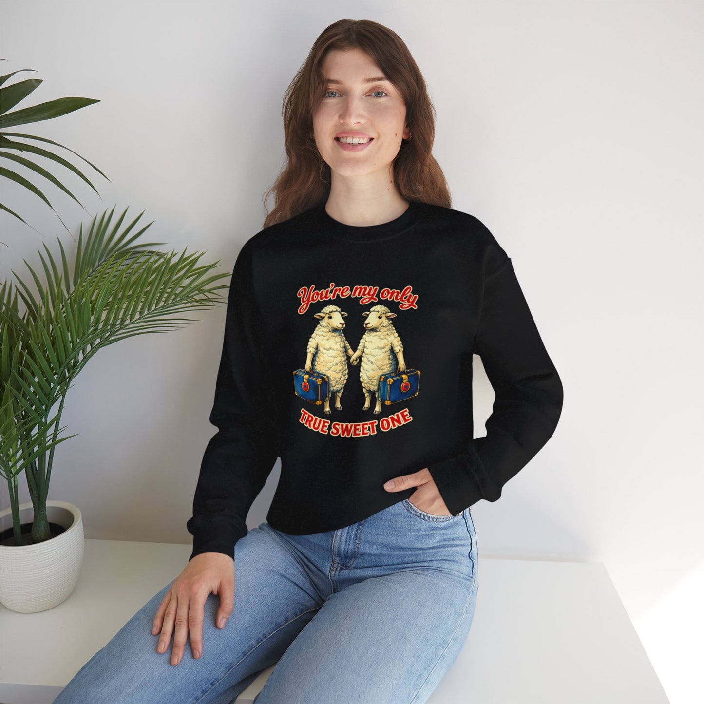 Crewneck Sweatshirt — “You’re My Only True Sweet One” Vintage Sheep Couples Design