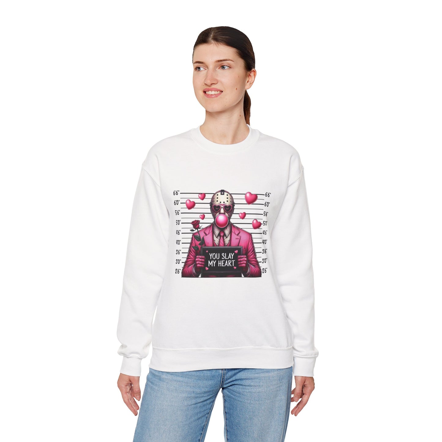 Jason Mask Mugshot Sweatshirt — "You Slay My Heart" Horror Valentine Crewneck