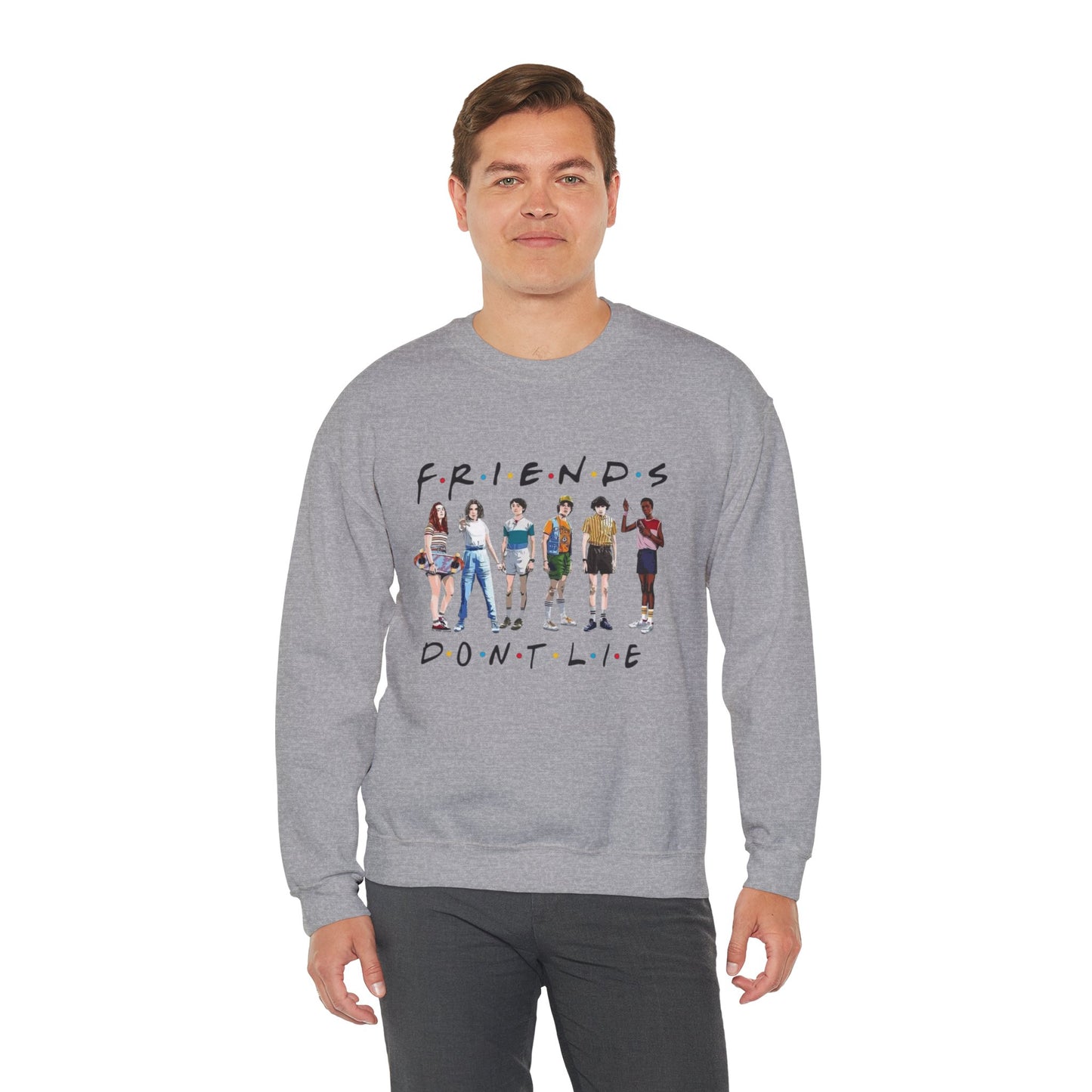 "Friends Don't Lie" Stranger Things-Inspired Retro Character Design Crewneck Sweatshirt