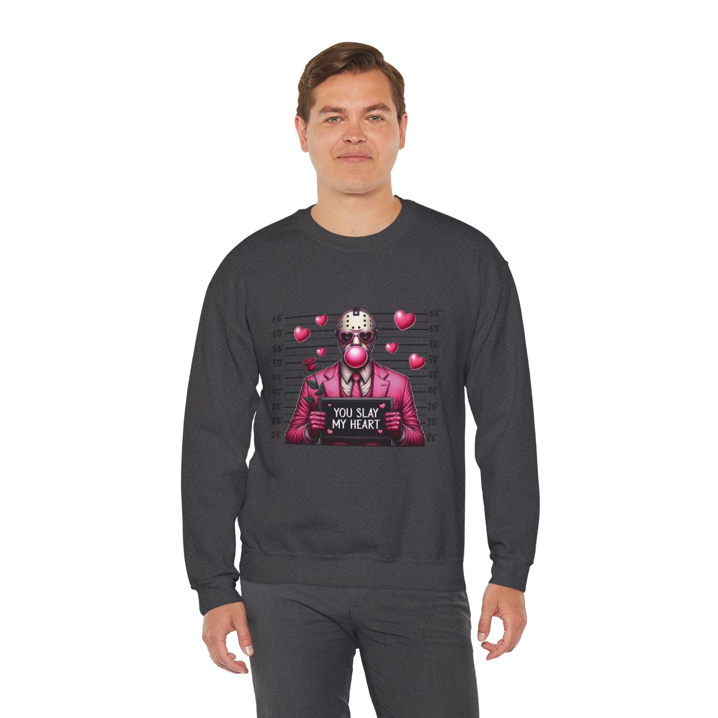 Jason Mask Mugshot Sweatshirt — "You Slay My Heart" Horror Valentine Crewneck